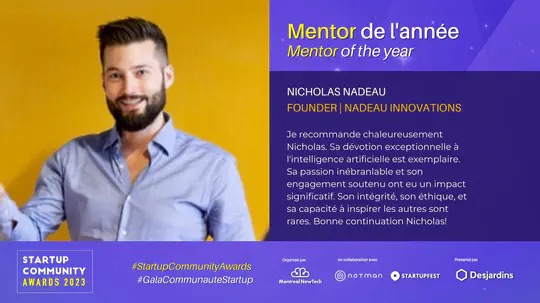 Nicholas Nadeau Honored as a Finalist for Montreal's Startup Community Awards 2023 Mentor of the Year Award